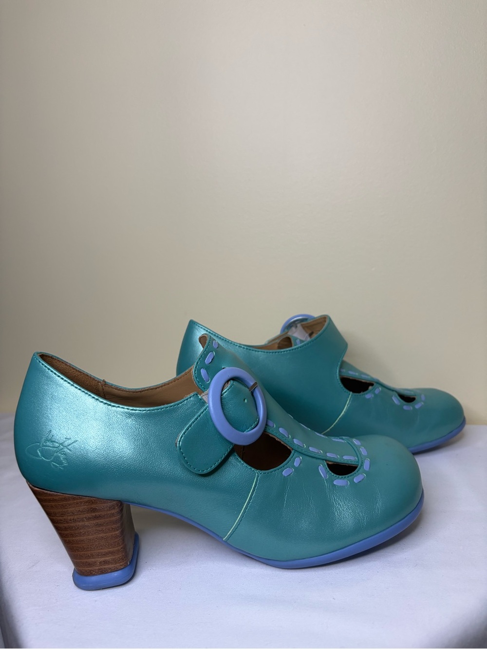 John Fluevog Teal and Lavender Mary Jane Heels Size 7.5